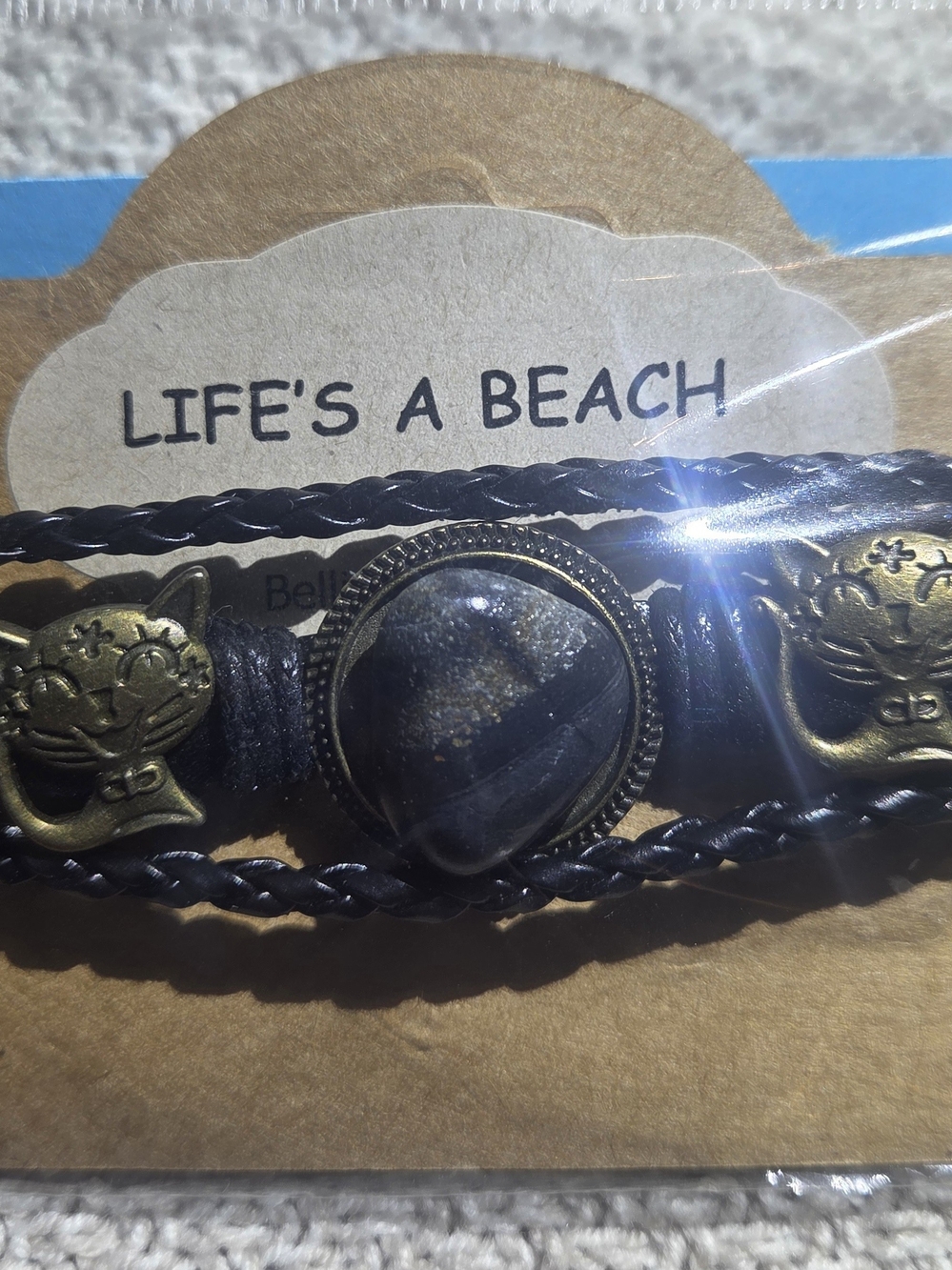 Black Braided Obsidian Bracelet with Cat Accents